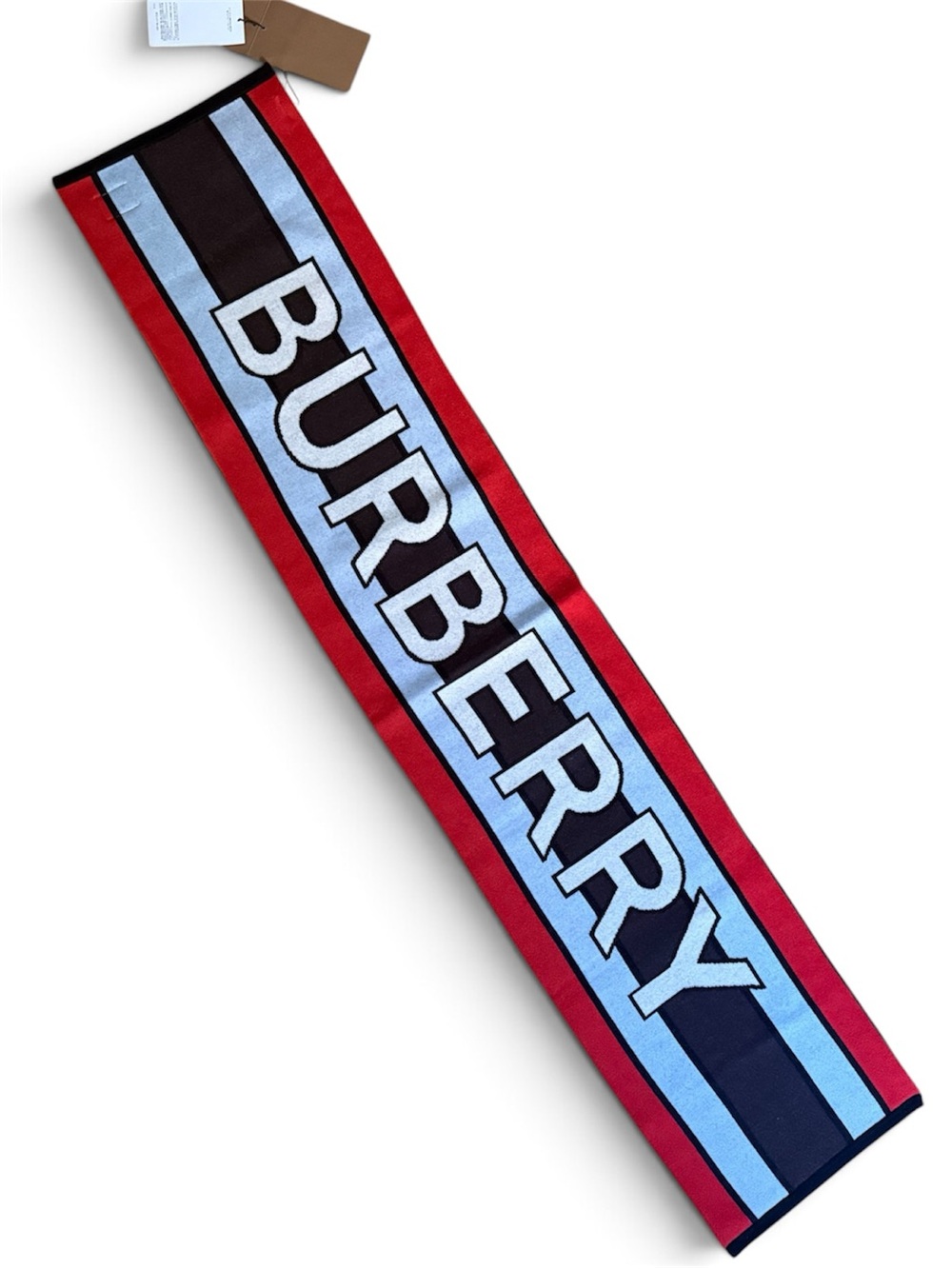 Burberry Red Light Blue, Red, White, Black & BrownLogo Stripe Scarf. Brand New.